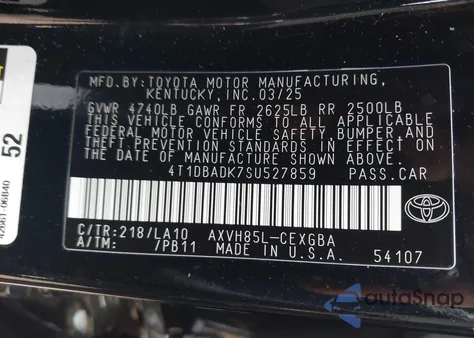 2025 Toyota Camry Xse/Xle/Le/Se z USA, uszkodzony, nr VIN 4T1DBADK7SU527859